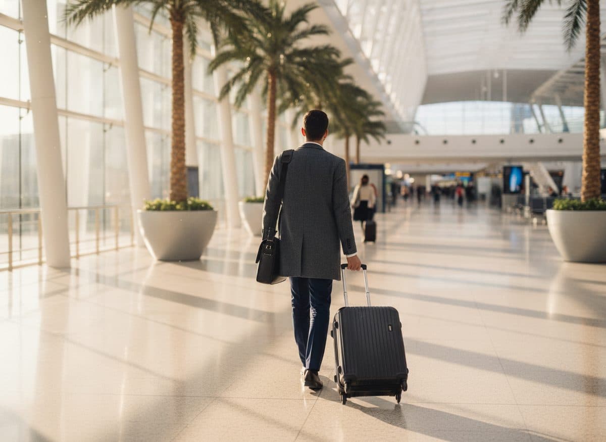 A business traveler with a suitcase walking through a bright modern airport.