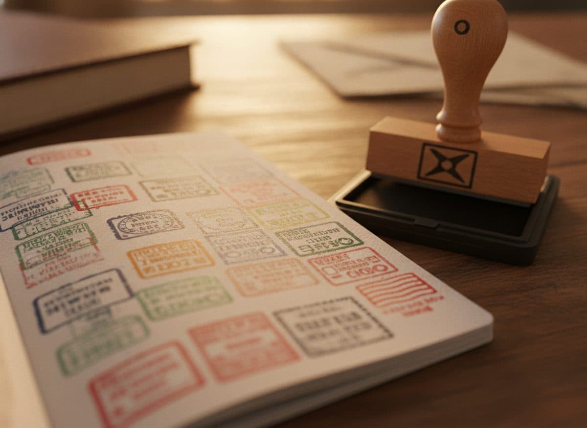 An open passport filled with colorful visa stamps beside an official rubber stamp.