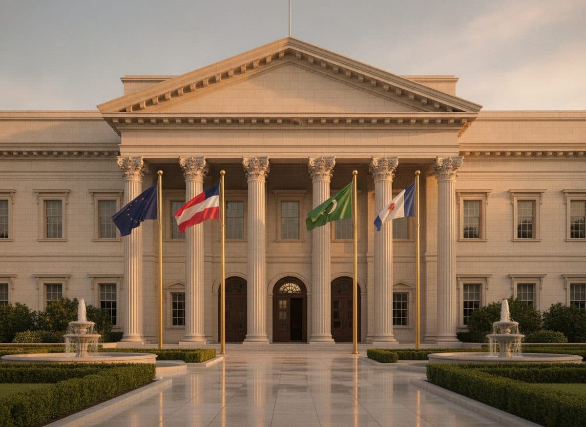 Embassy building with international flags — visa services for 100+ countries